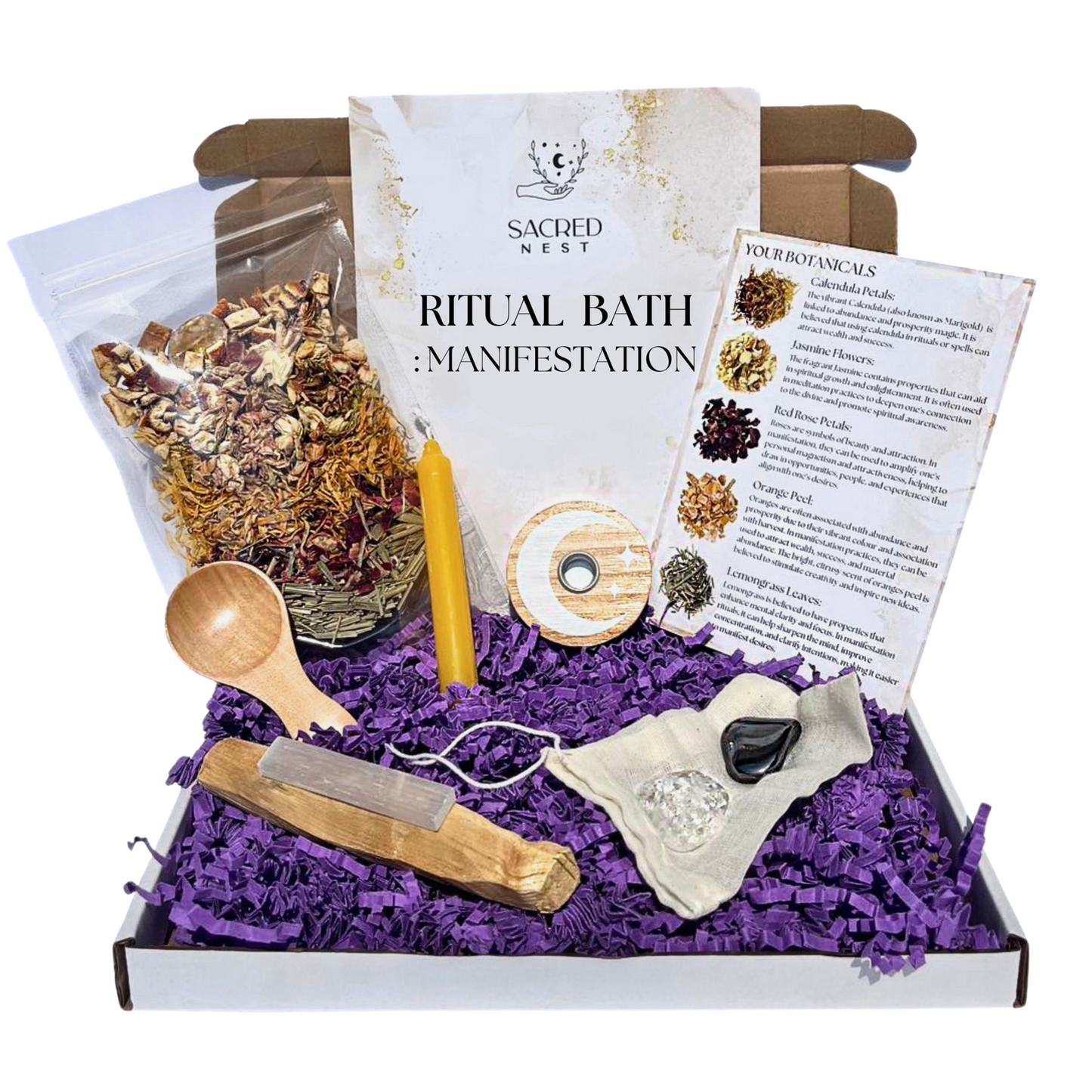 Manifestation Bath Soak Ritual Kit | Citrine Crystal Infused Bath Salts, Meditation Candle & Candle Holder, Selenite Stick, Palo Santo & Crystal Set